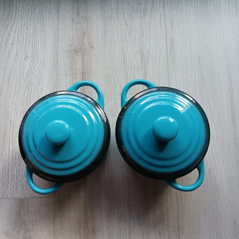 Pair of Ceramic Bowls with Lids & Handles Aqua Blue White 4.5